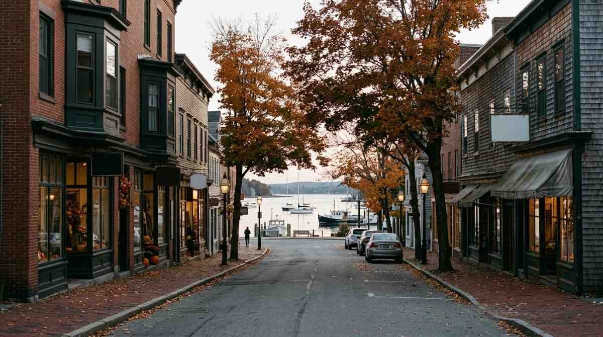 A village main street near the harbor in autumn, setting for an evening at Theatre Three in Port Jefferson.