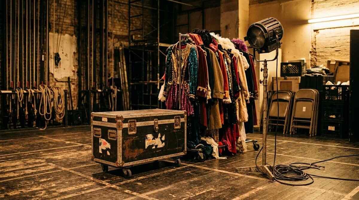 Backstage costumes and stage lights representing the productions at Theatre Three.