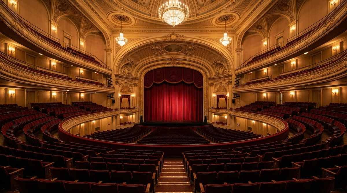 An empty concert hall with tiered seating, similar to a Staller Center for the Arts main stage setting.