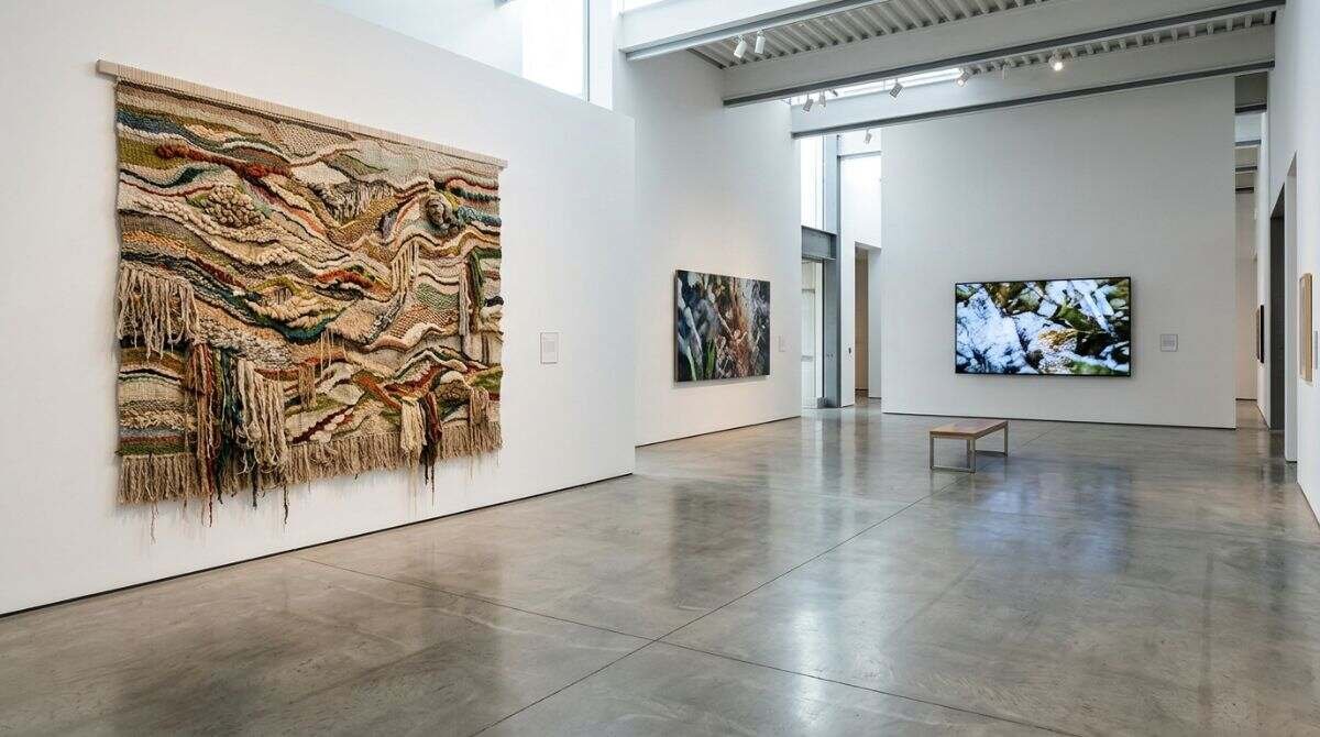 A university art gallery with a large tapestry, like the Zuccaire Gallery at the Staller Center.