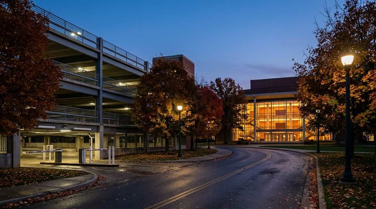 A campus parking garage and drive at dusk near a Stony Brook performing arts building.
