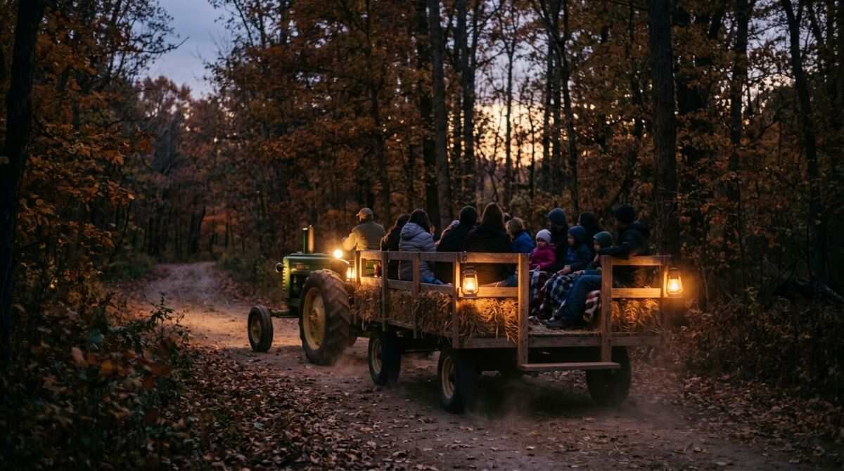 Hay wagon on a wooded trail at dusk, a seasonal feature of Benner's Farm in East Setauket.