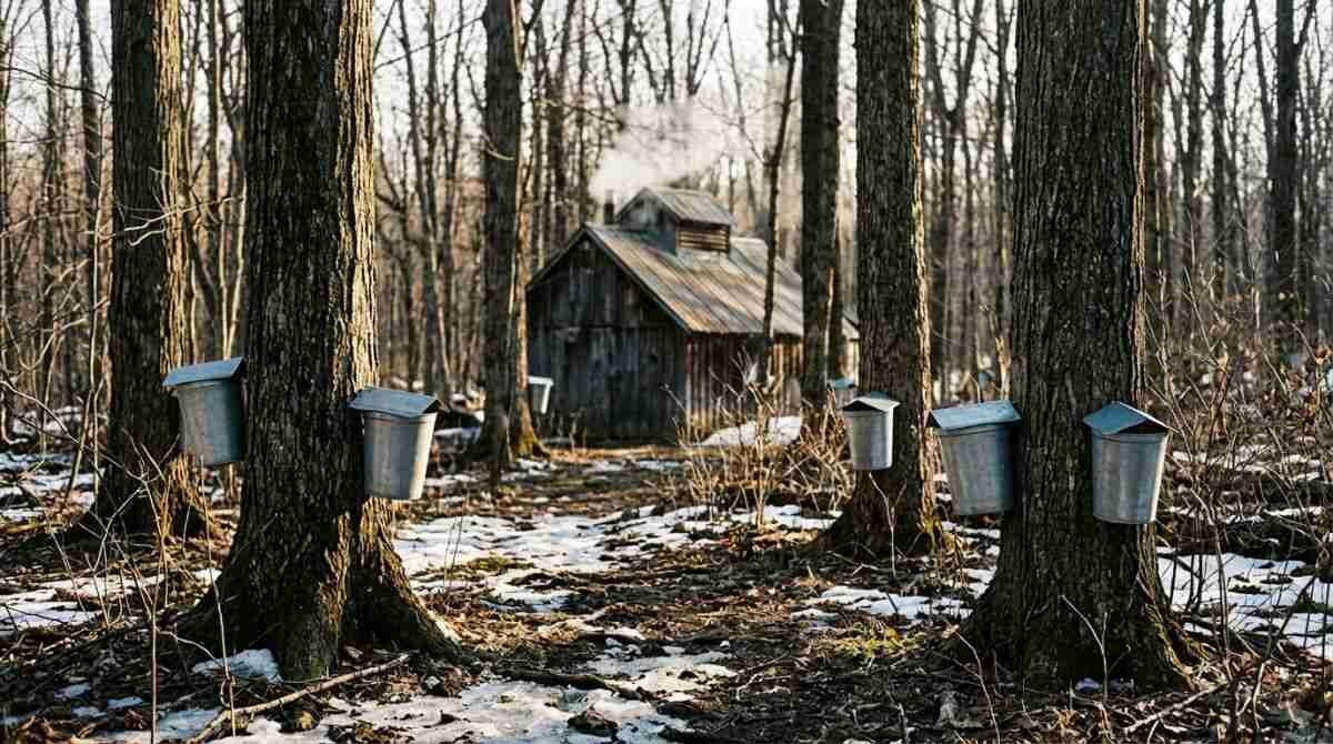 Maple sugaring buckets on tree trunks, as used in late winter at Benner's Farm.