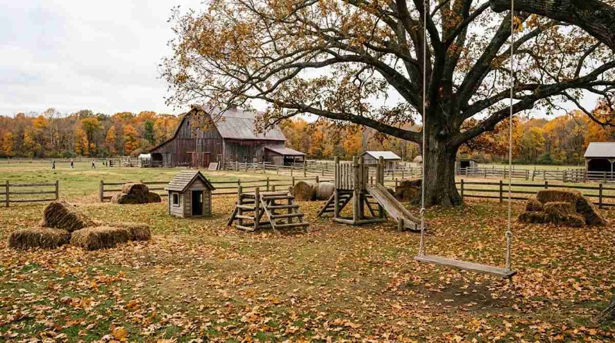 Rope swing and hay bales in an autumn farm yard similar to the grounds at Benner's Farm.