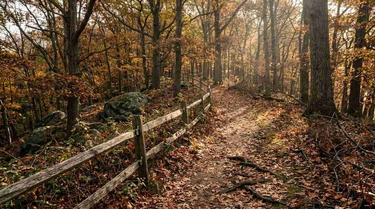 Woodland nature trail with fallen leaves near the Sherwood-Jayne Farm in East Setauket.