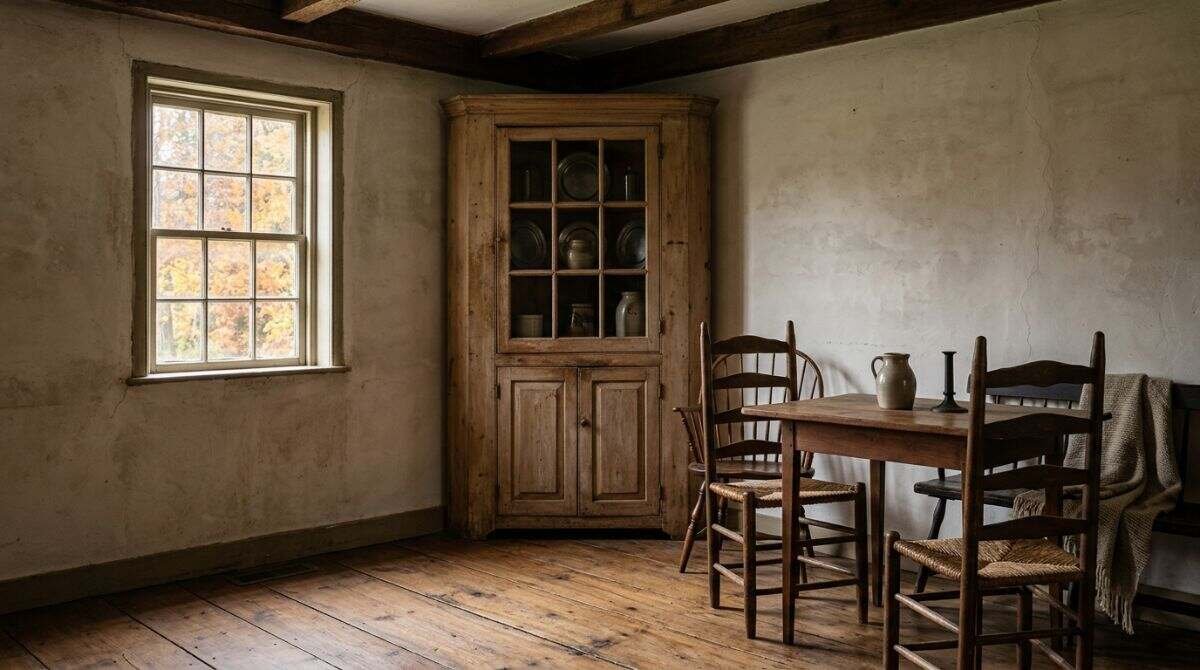 Colonial farmhouse interior with wide pine floorboards, typical of the Sherwood-Jayne Farm house museum.