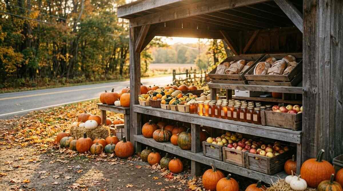 Roadside farm stand with pumpkins and honey in autumn near Setauket.
