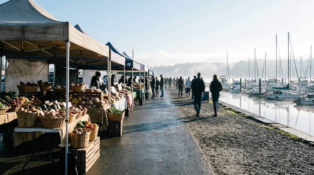 Harborfront park farmers market on a crisp morning, similar to the Port Jefferson market.