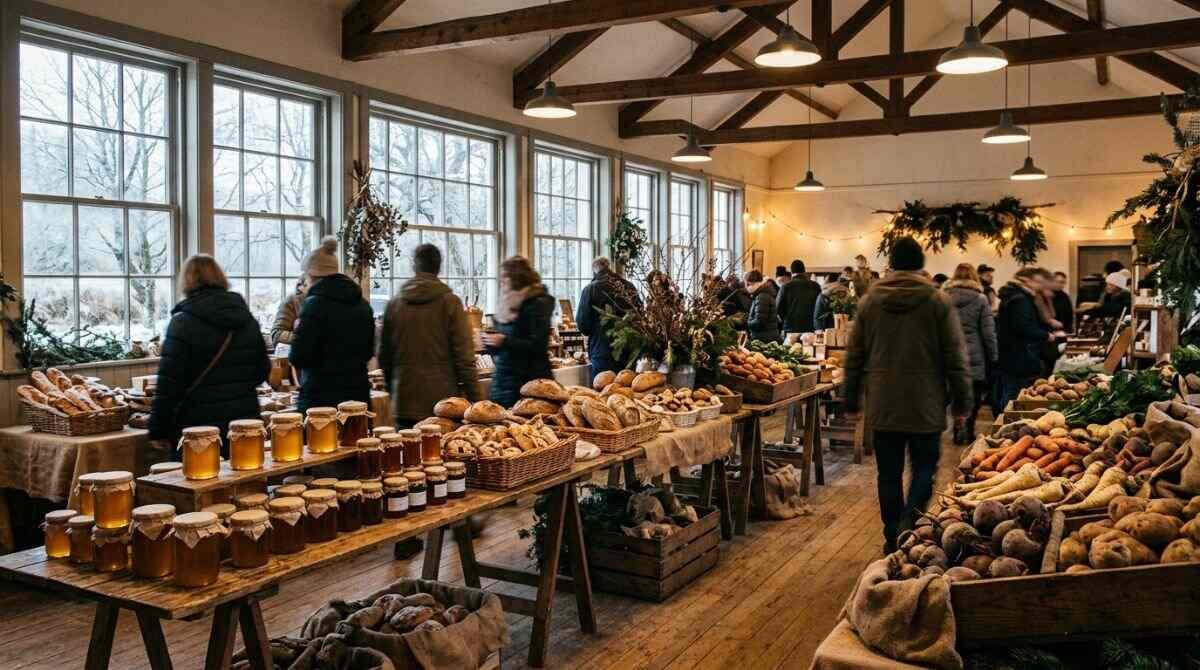 Indoor winter farmers market in a village hall, comparable to Port Jefferson's cold-weather market.