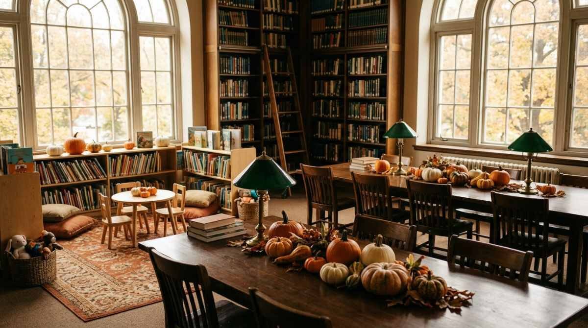 A library reading room decorated for Halloween programs in Setauket.