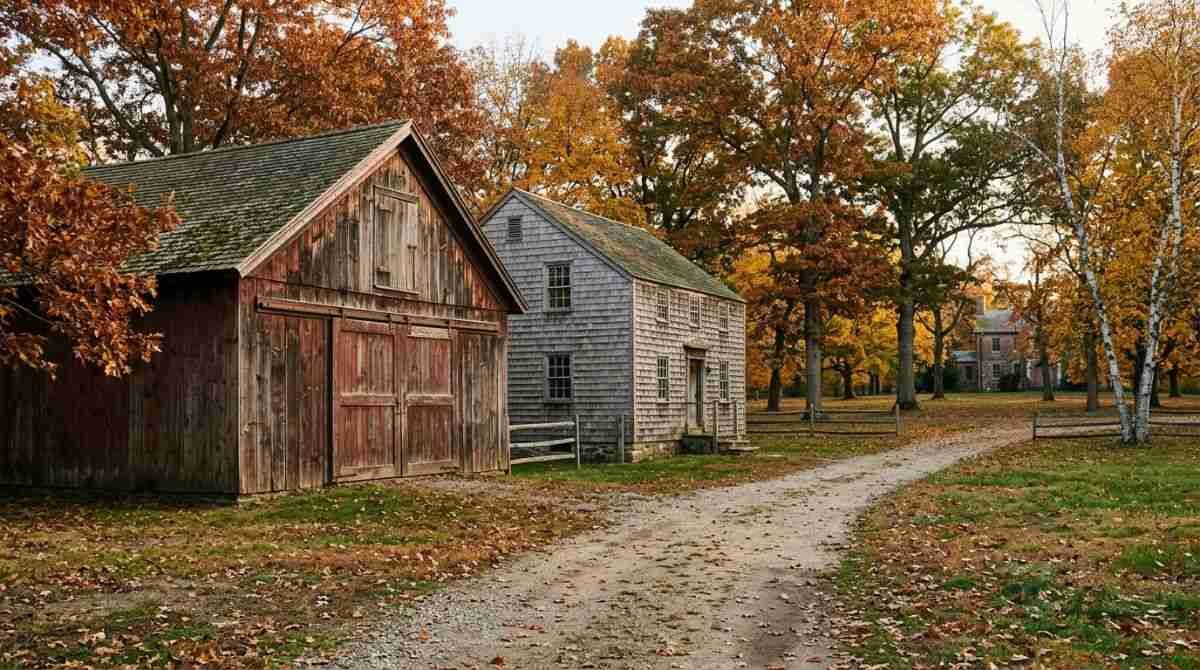 Carriage barn at a Long Island museum campus in autumn near Stony Brook.