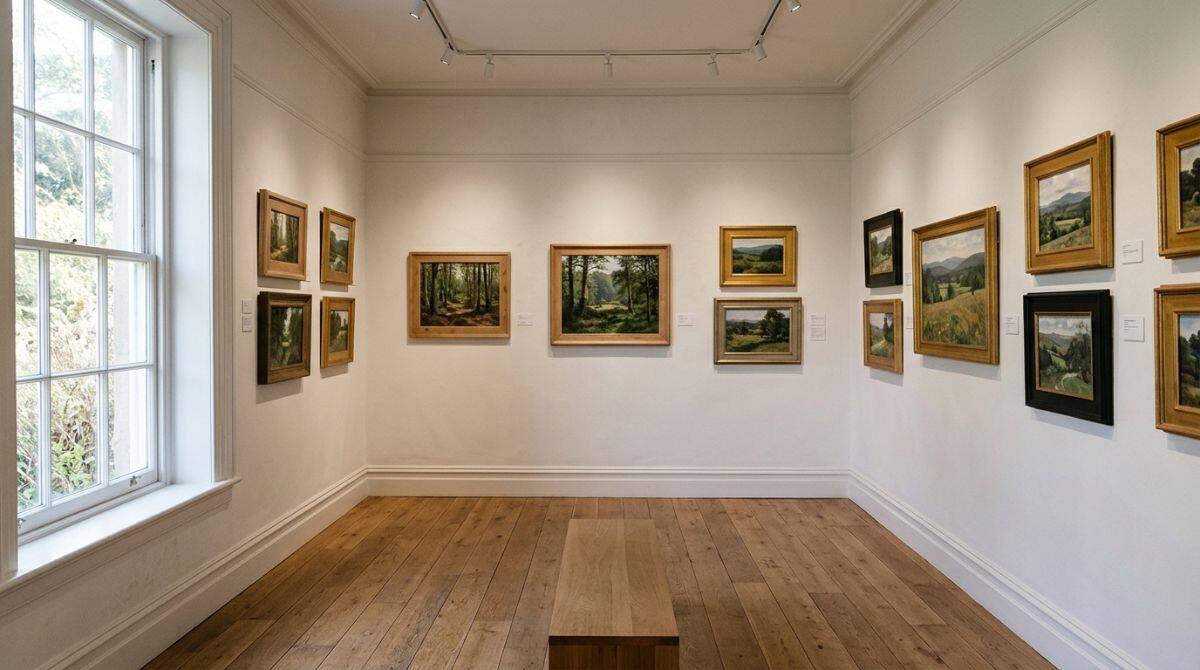 Small art gallery with landscape paintings, a stop in Stony Brook between home tours.
