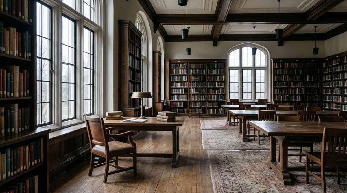 Library reading room in Setauket, a quiet break between showings.