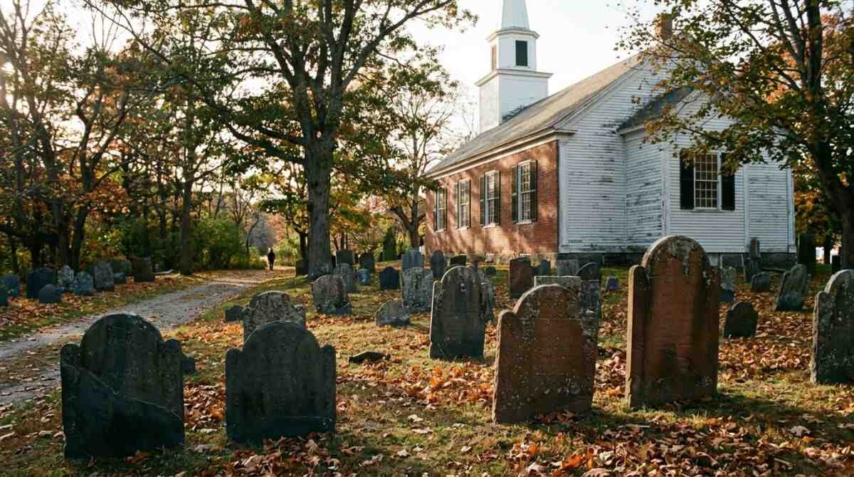 Historic burial ground near the Setauket Village Green in autumn.
