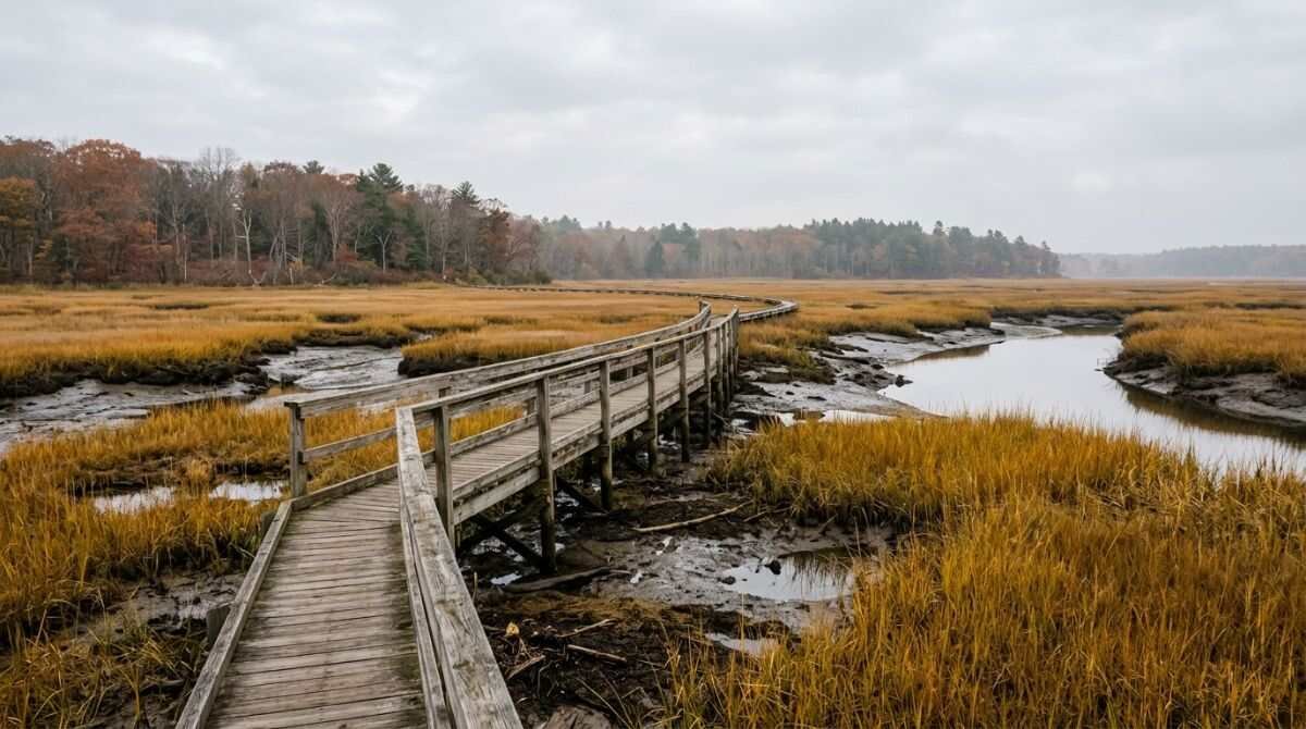Salt marsh boardwalk at Flax Pond near Old Field in autumn.