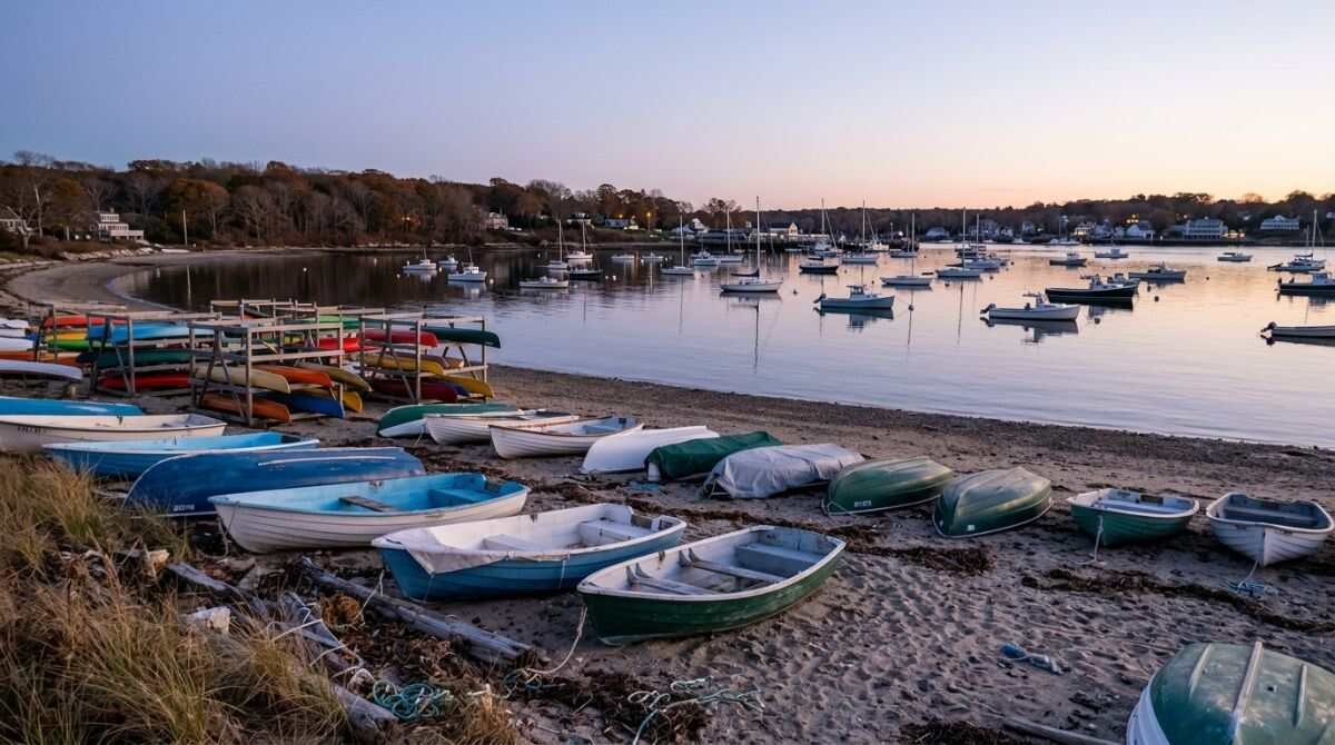 Dinghy racks on a small harbor beach in Poquott.