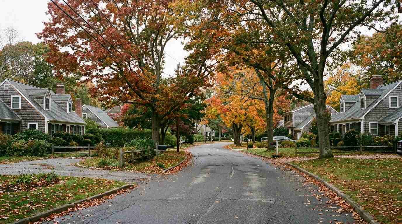 A quiet tree-lined Long Island street in autumn with shingled Cape Cod houses and colorful maple foliage