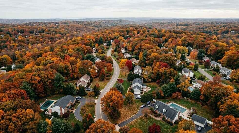 Aerial view of a suburban neighborhood in peak autumn color with a winding road