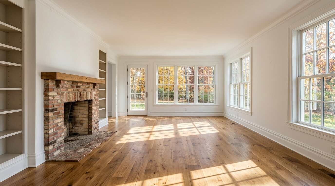 An empty sunlit living room with hardwood floors, a brick fireplace and autumn trees outside