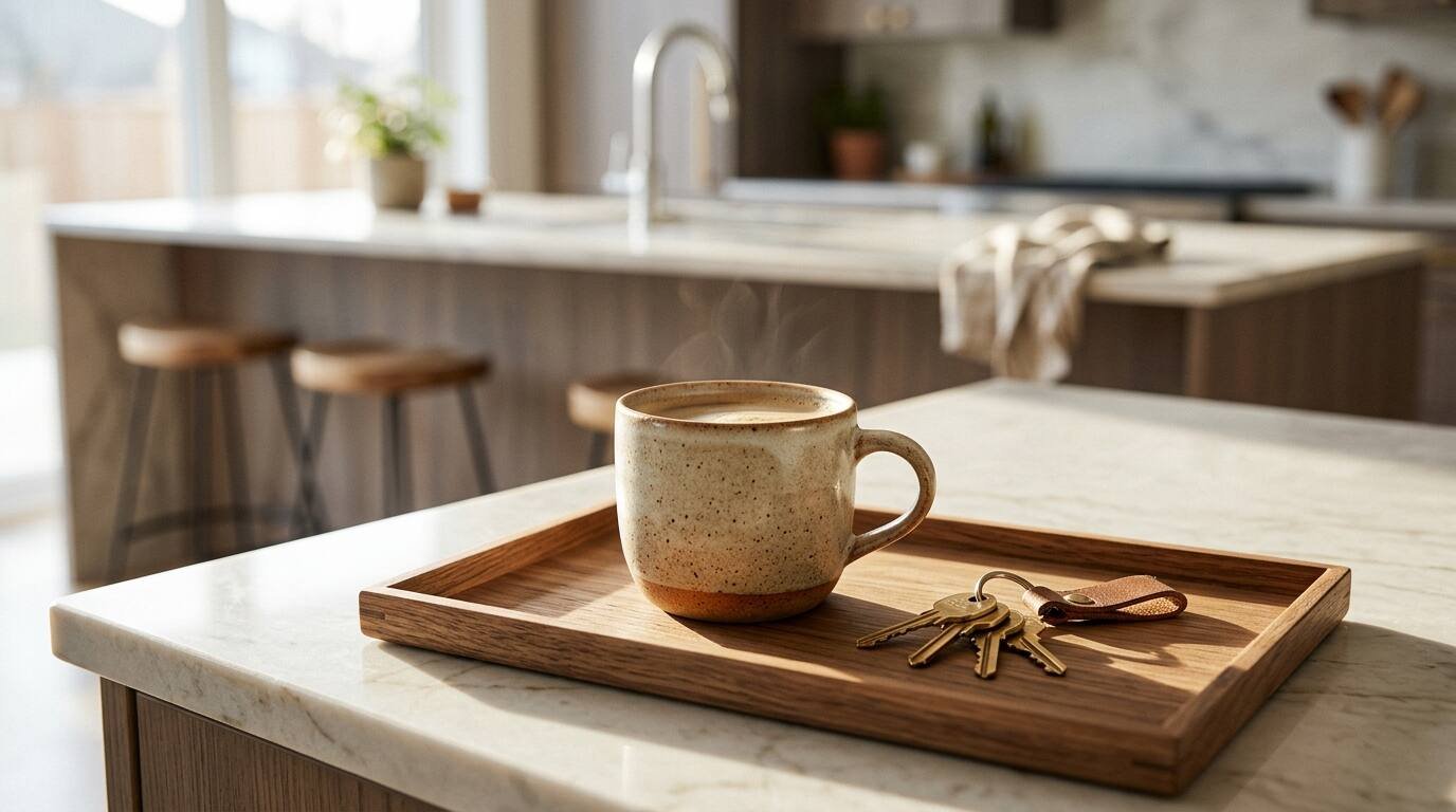 A mug of coffee and a set of brass house keys on a wooden tray on a kitchen island