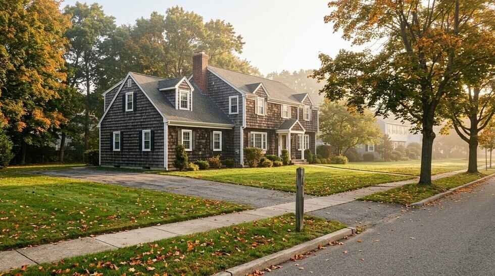 A shingled colonial-style house on a quiet tree-lined street in early autumn