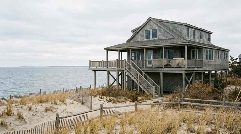 Waterfront home on Long Island Sound raised above grade on a foundation with exterior stairs
