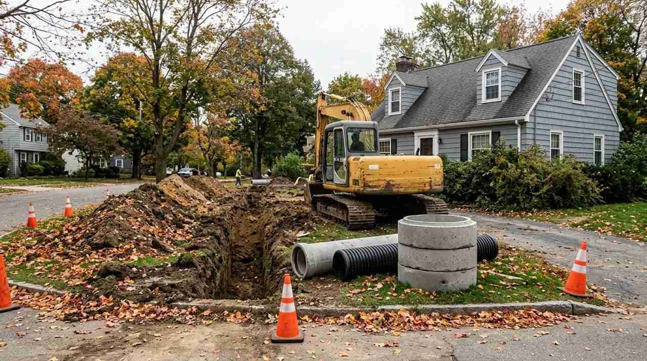 Excavation at a suburban lot during septic system replacement in Suffolk County.