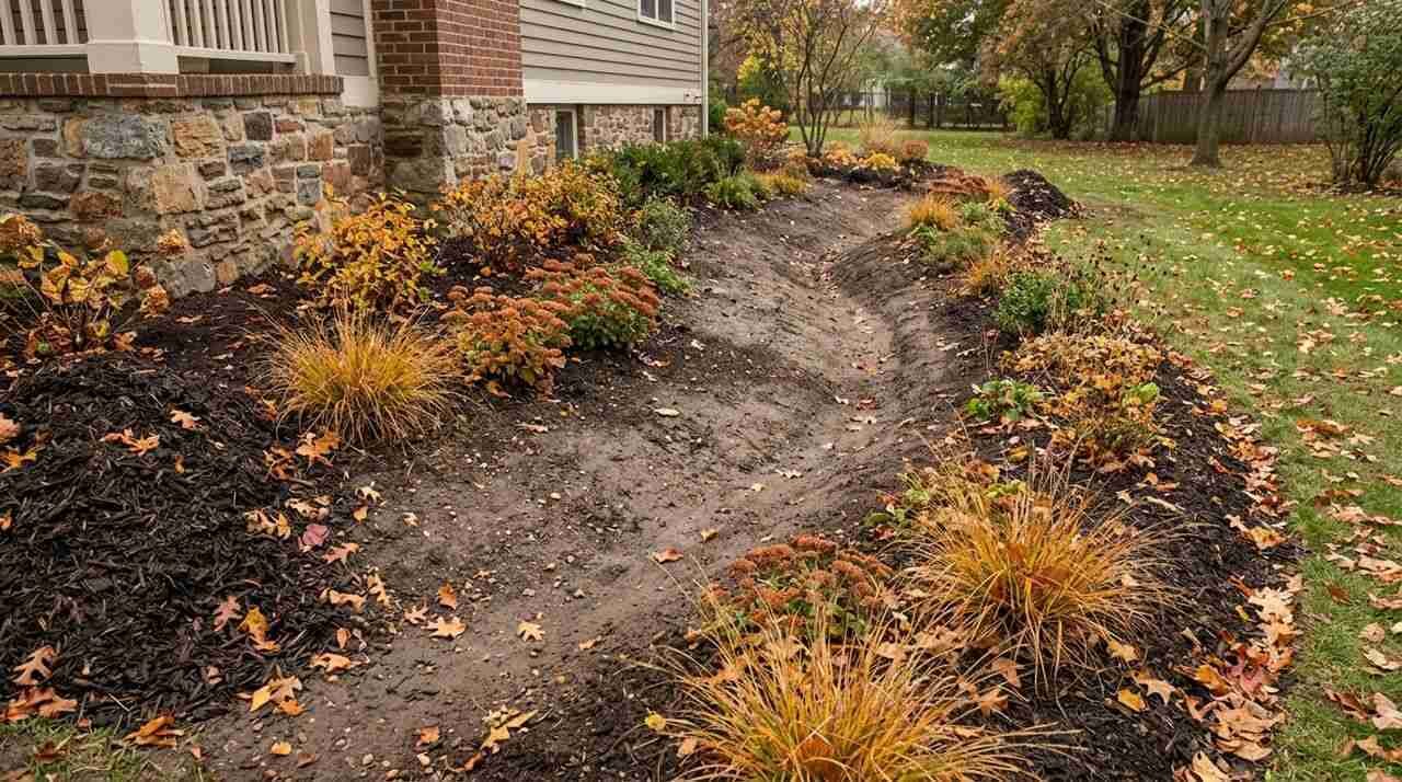 A sloped garden bed and shallow swale showing grading that carries water away from a house.