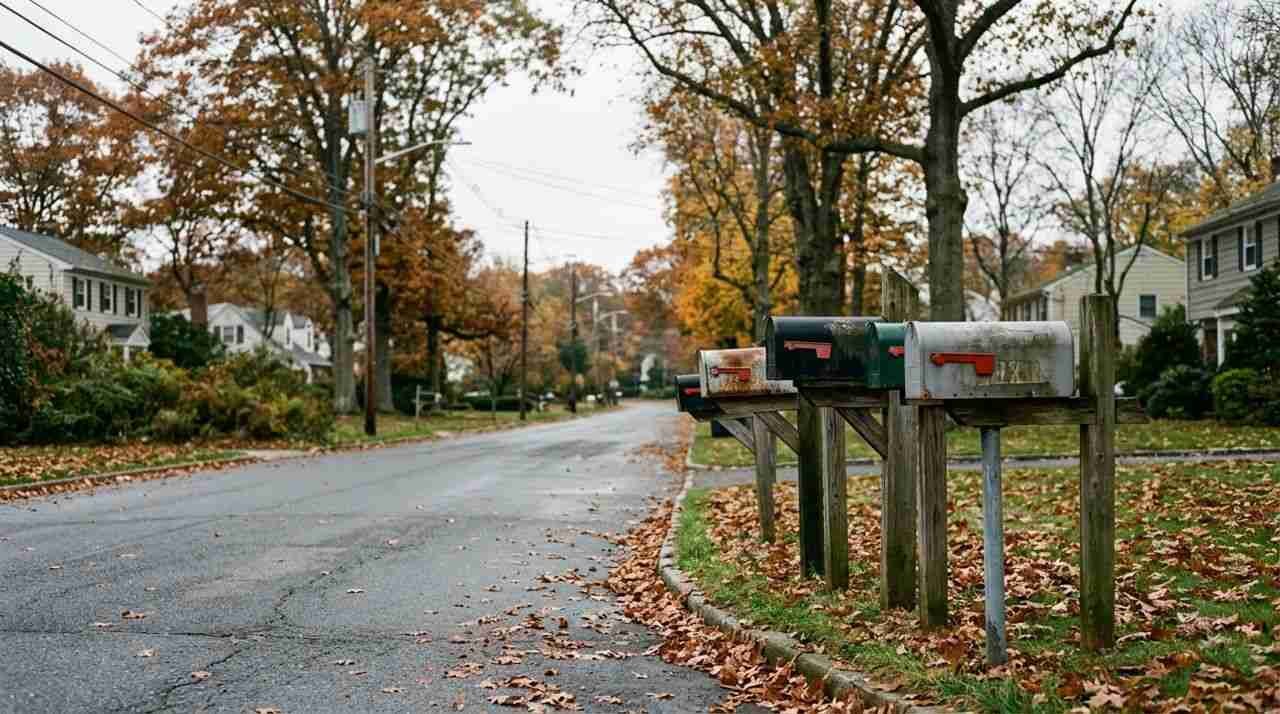 Curbside mailboxes on a suburban street, a reminder to file a change of address before a move.