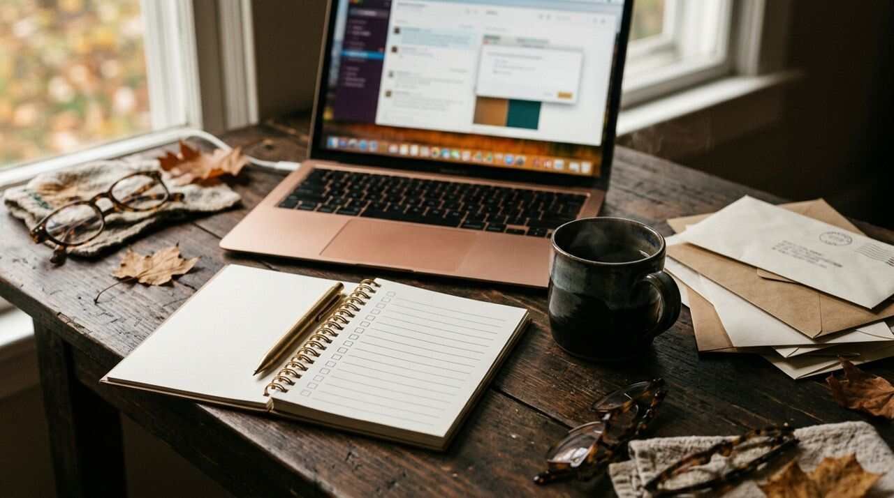 A desk with a laptop and notepad used to organize a change of address checklist.