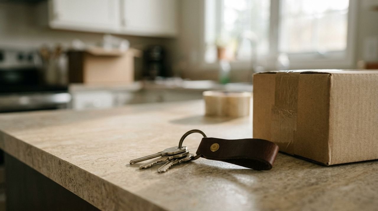 House keys and a moving box on a counter on moving day.