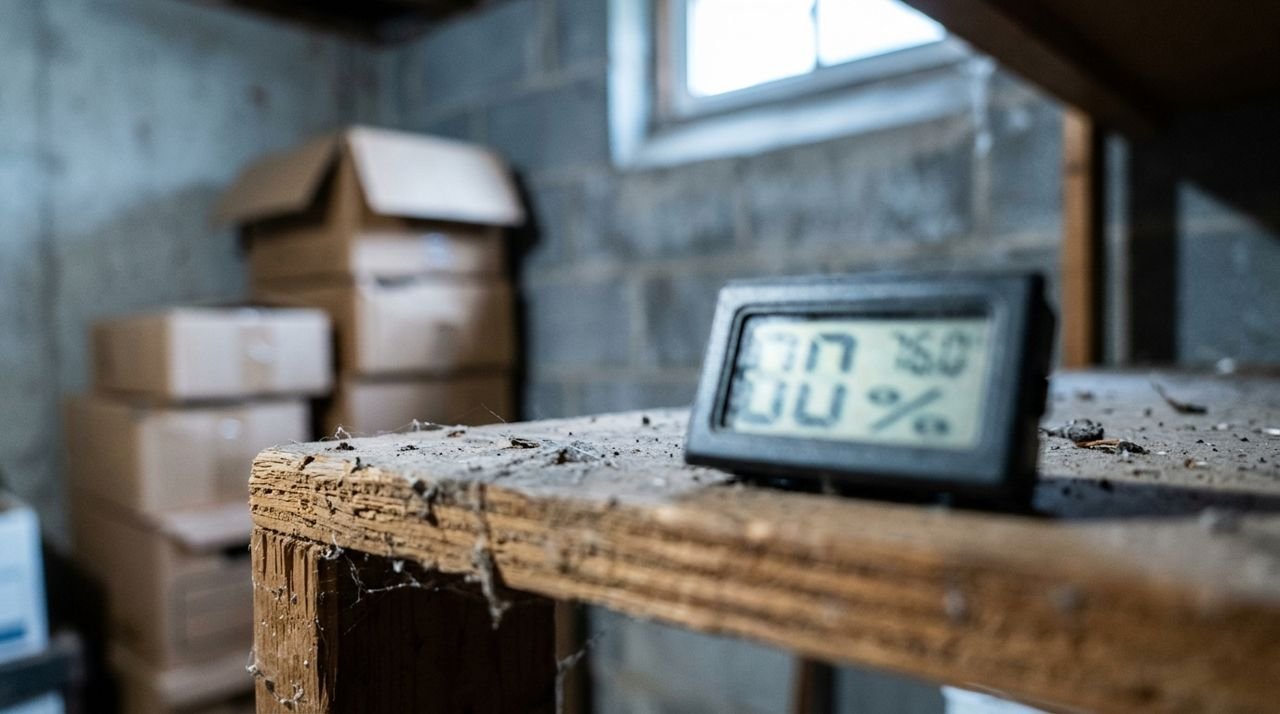 A hygrometer on a basement shelf used to monitor humidity and prevent basement mold.