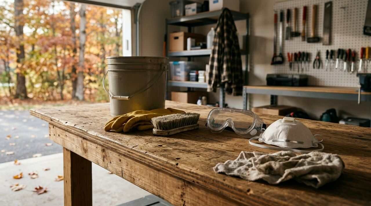 Protective gear and cleaning tools laid out for small-scale basement mold cleanup.