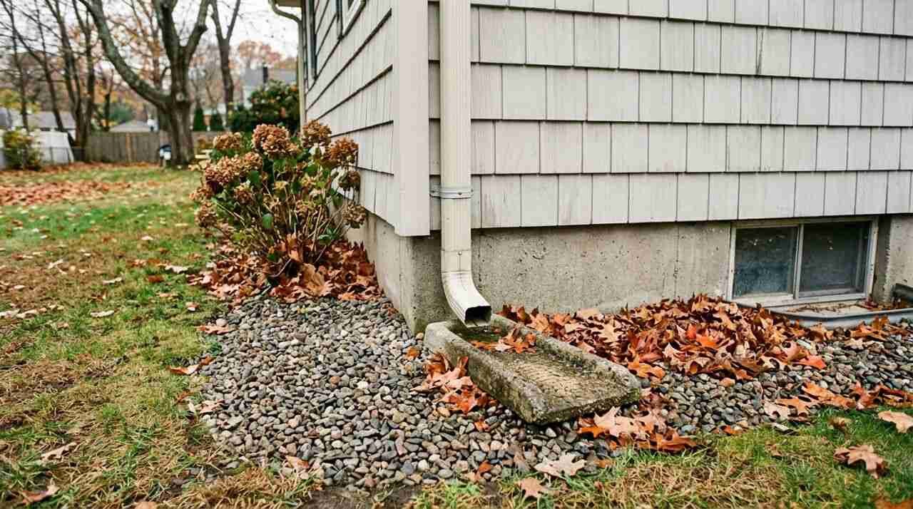 A downspout and sloped yard directing water away from the foundation to help prevent basement mold.