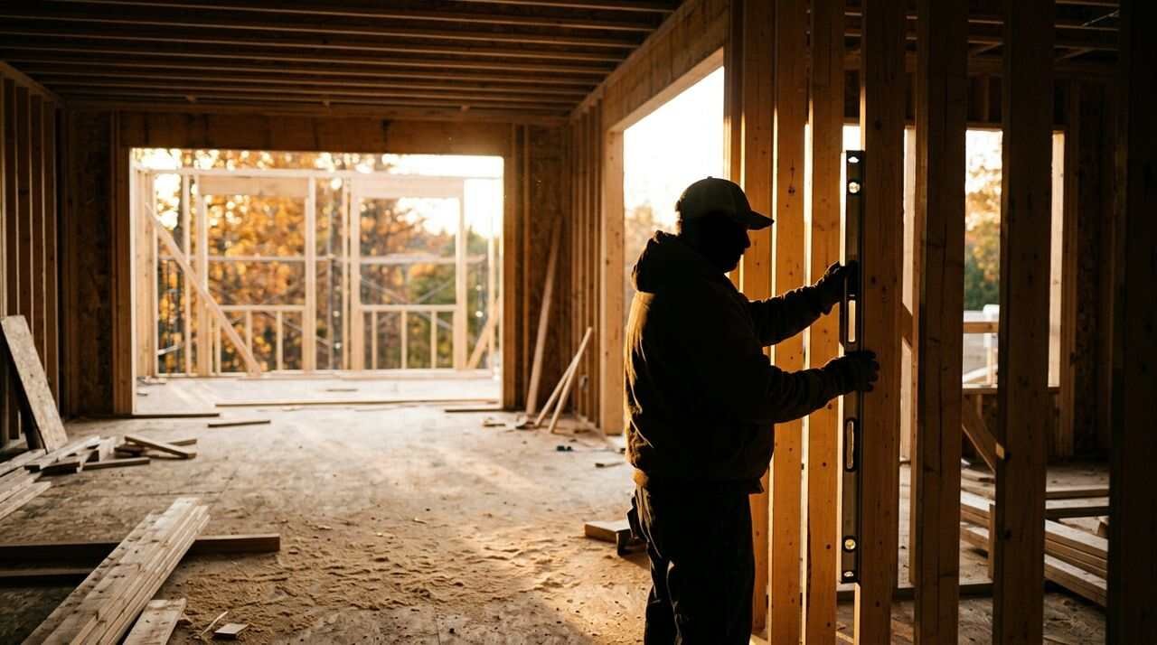 Building plans and a hard hat on a workbench ahead of hiring a contractor.