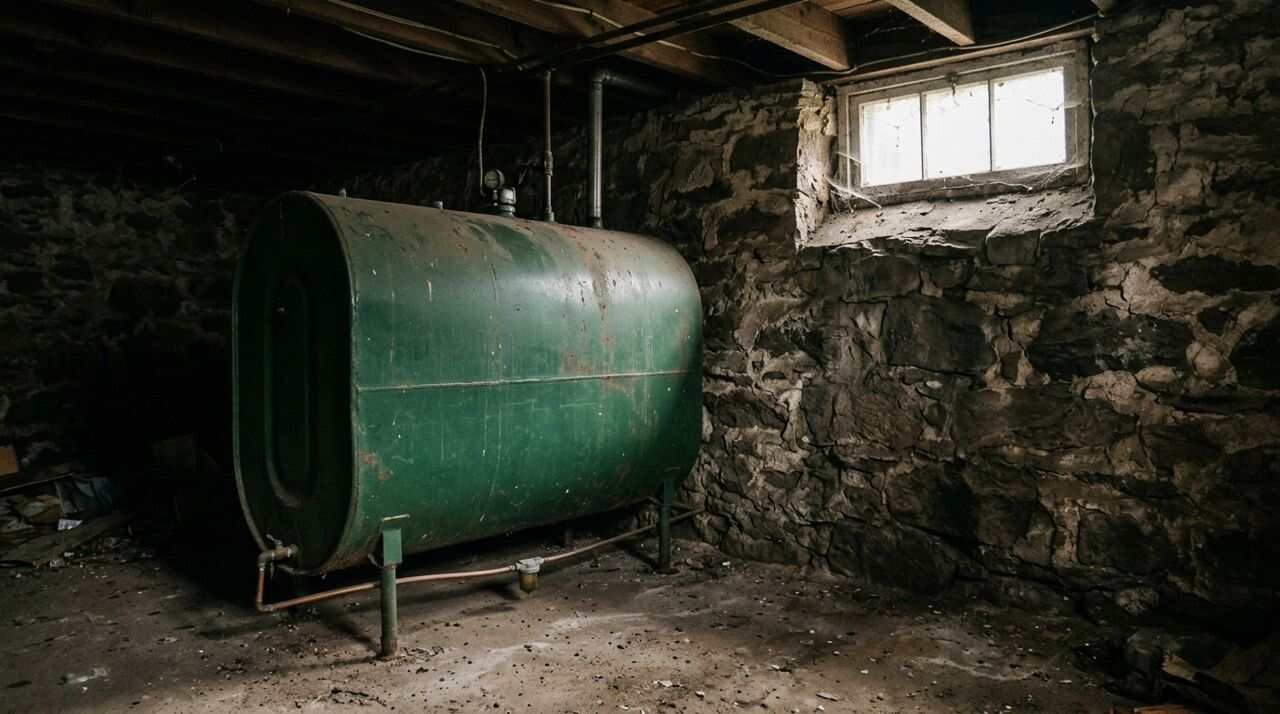 A residential oil tank in a basement before an oil-to-gas heat conversion.