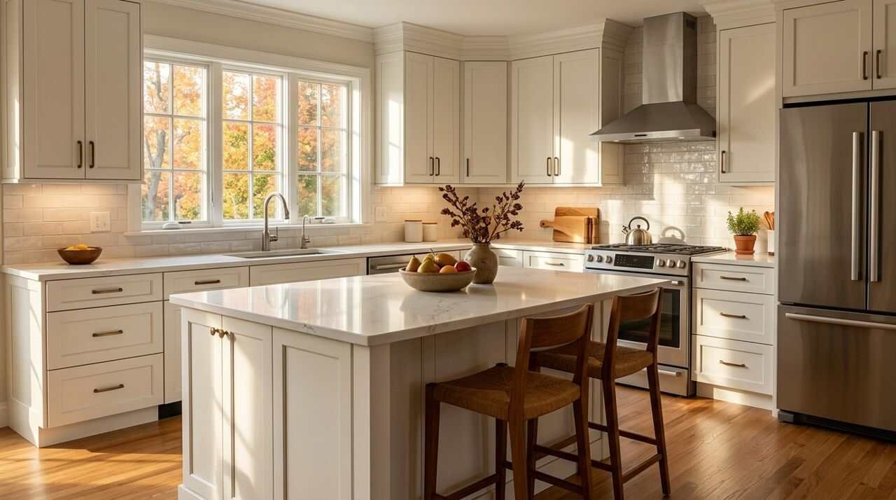 Cabinet and countertop samples used when setting a kitchen renovation budget.
