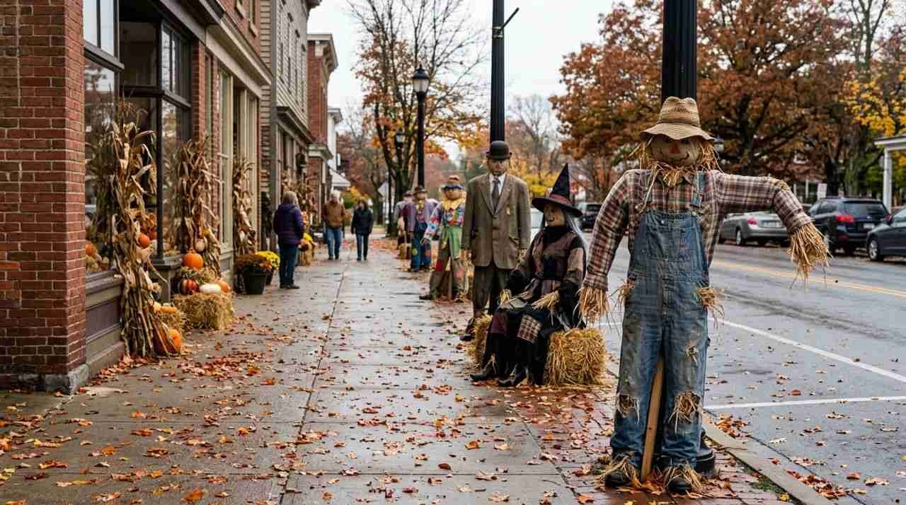 Scarecrows lining a village sidewalk during a Port Jefferson fall walk in October.