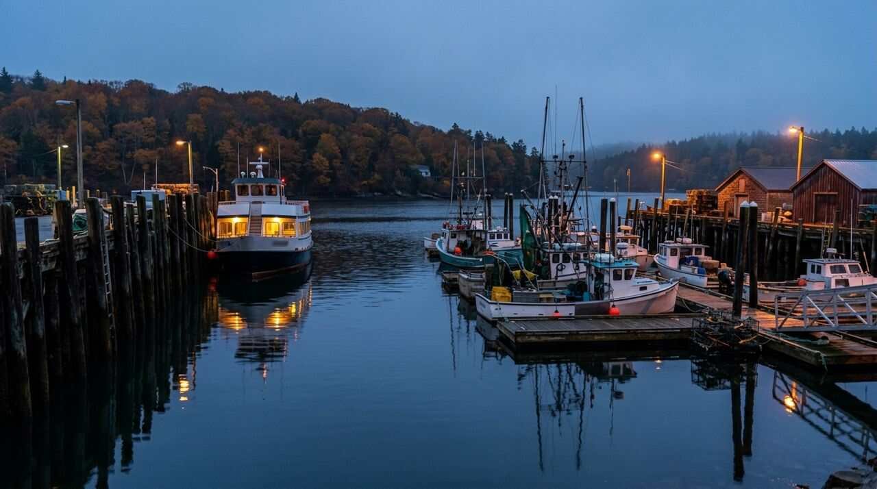 Ferry and fishing boats at a harbor marina near Port Jefferson in autumn.