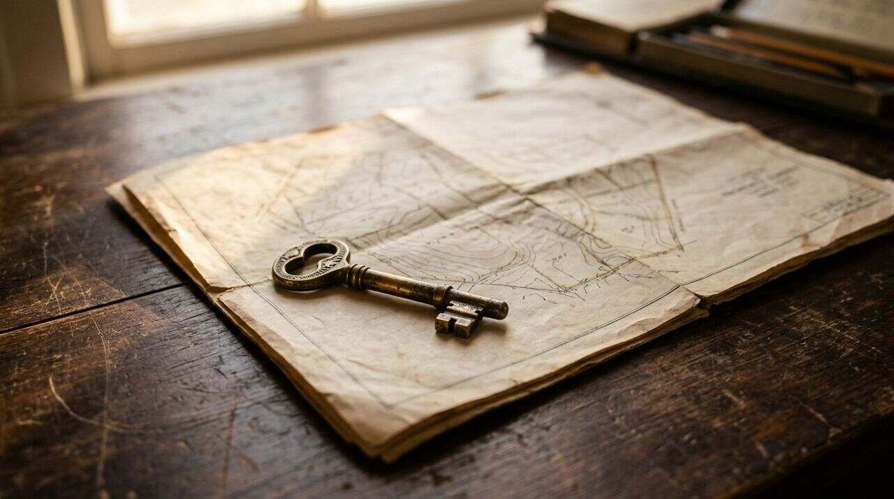 A brass key and property survey on a desk, illustrating the records behind title insurance coverage.