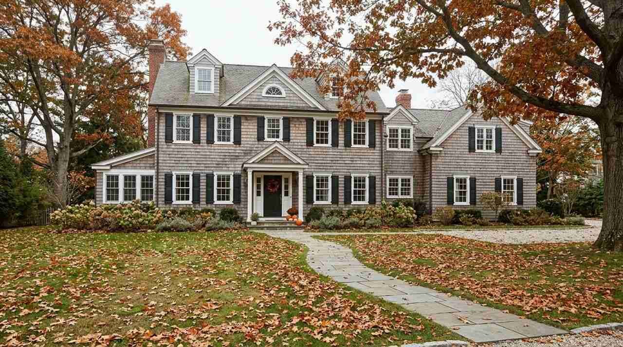 A shingled colonial home exterior in autumn, the kind of property protected by an owner's title policy.