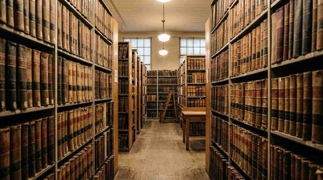 Old bound deed books on shelves in a records room used in a title search.