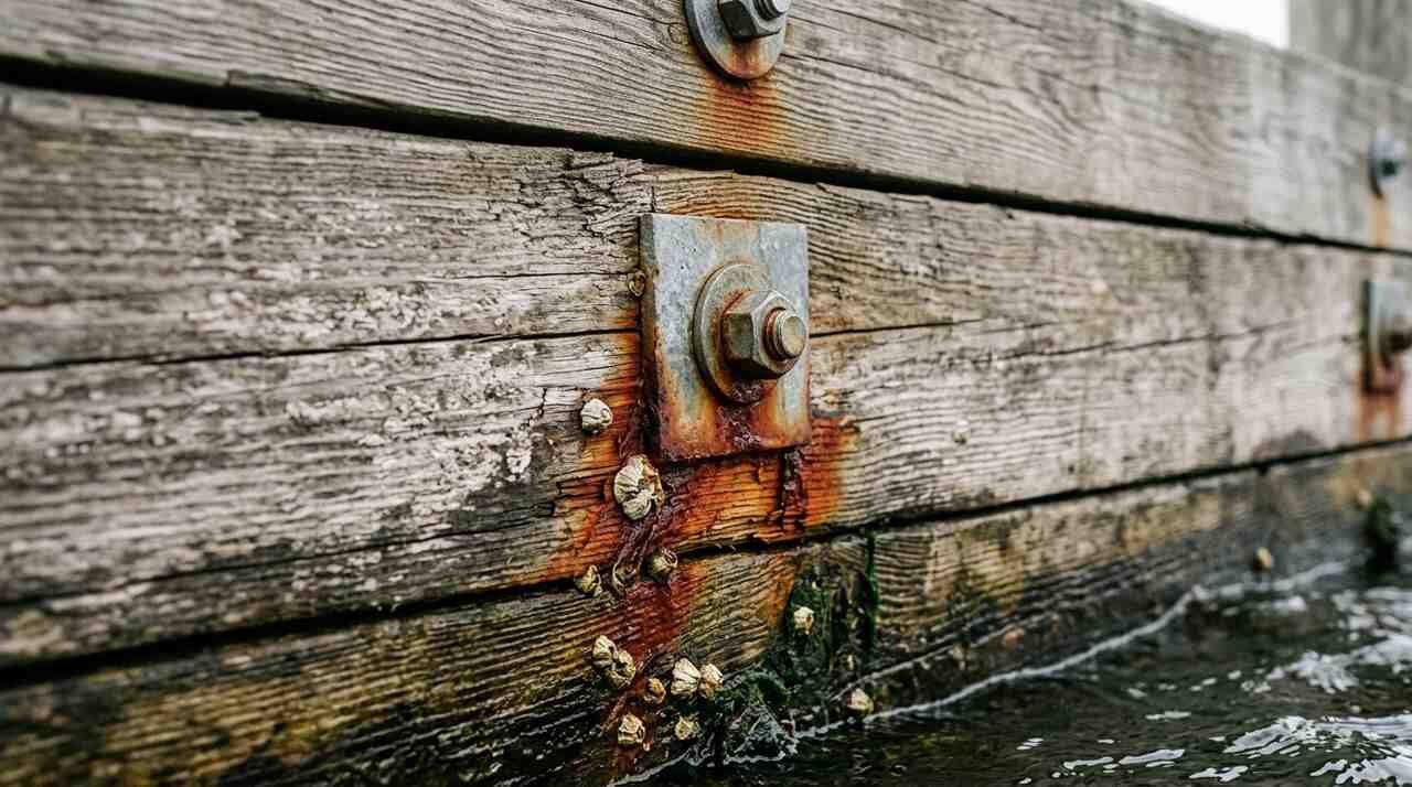 Close view of a timber bulkhead and hardware showing the wear checked in bulkhead maintenance.