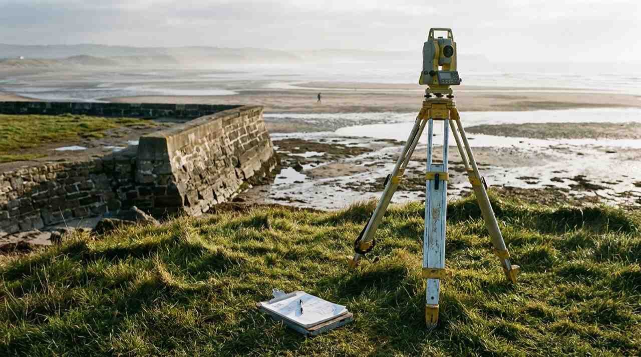 Survey equipment on a coastal lawn above a seawall, relevant to bulkhead permitting.
