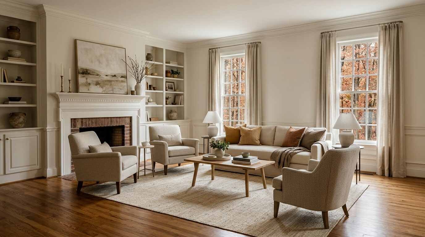 A staged living room with hardwood floors, a neutral sofa, a fireplace and tall windows showing autumn trees